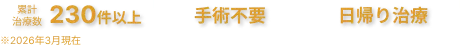 類型治療数230件以上、手術不要、日帰り治療