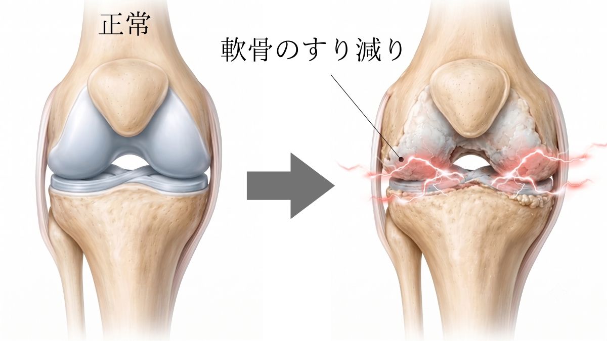 軟骨がすり減った膝関節のイラスト図