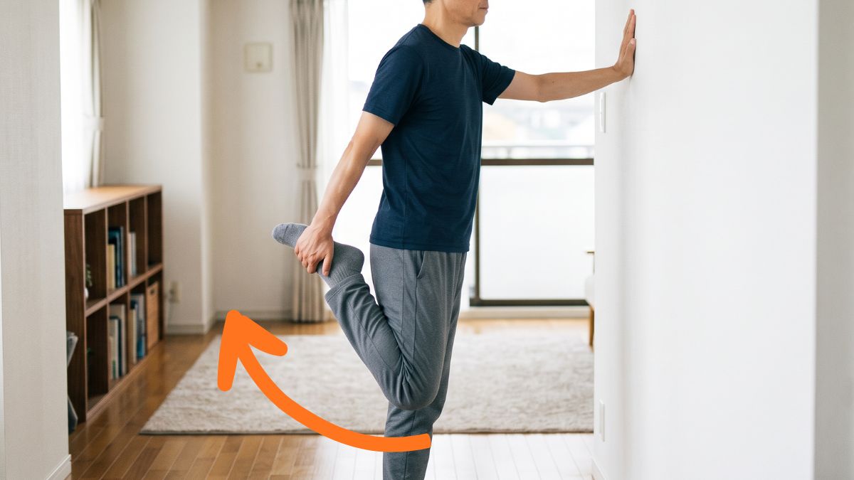 太ももの前側のストレッチをしている様子